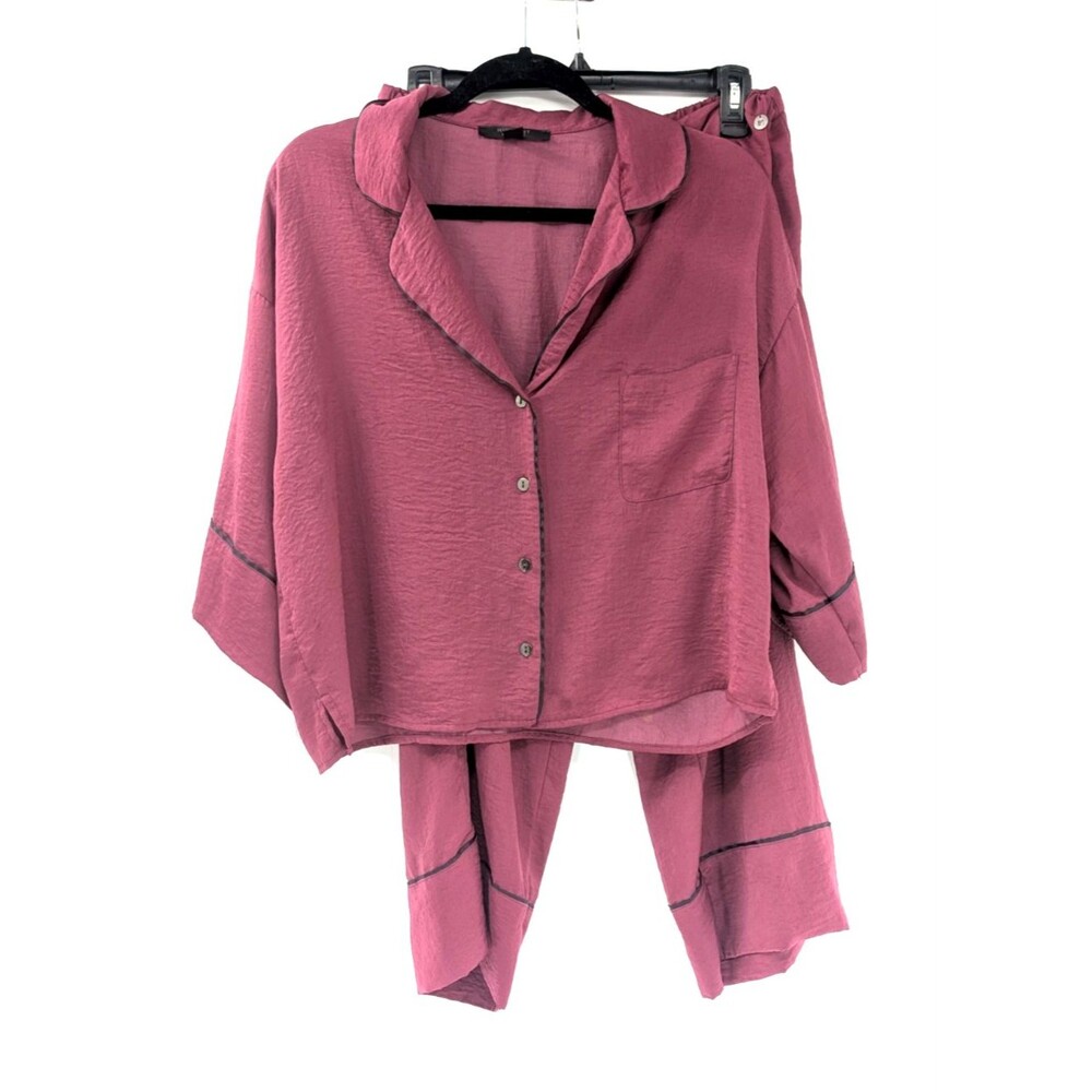Midnight Bakery Berry Red 2-Piece Satin Pajama Set Long Sleeve Top Capris Size L